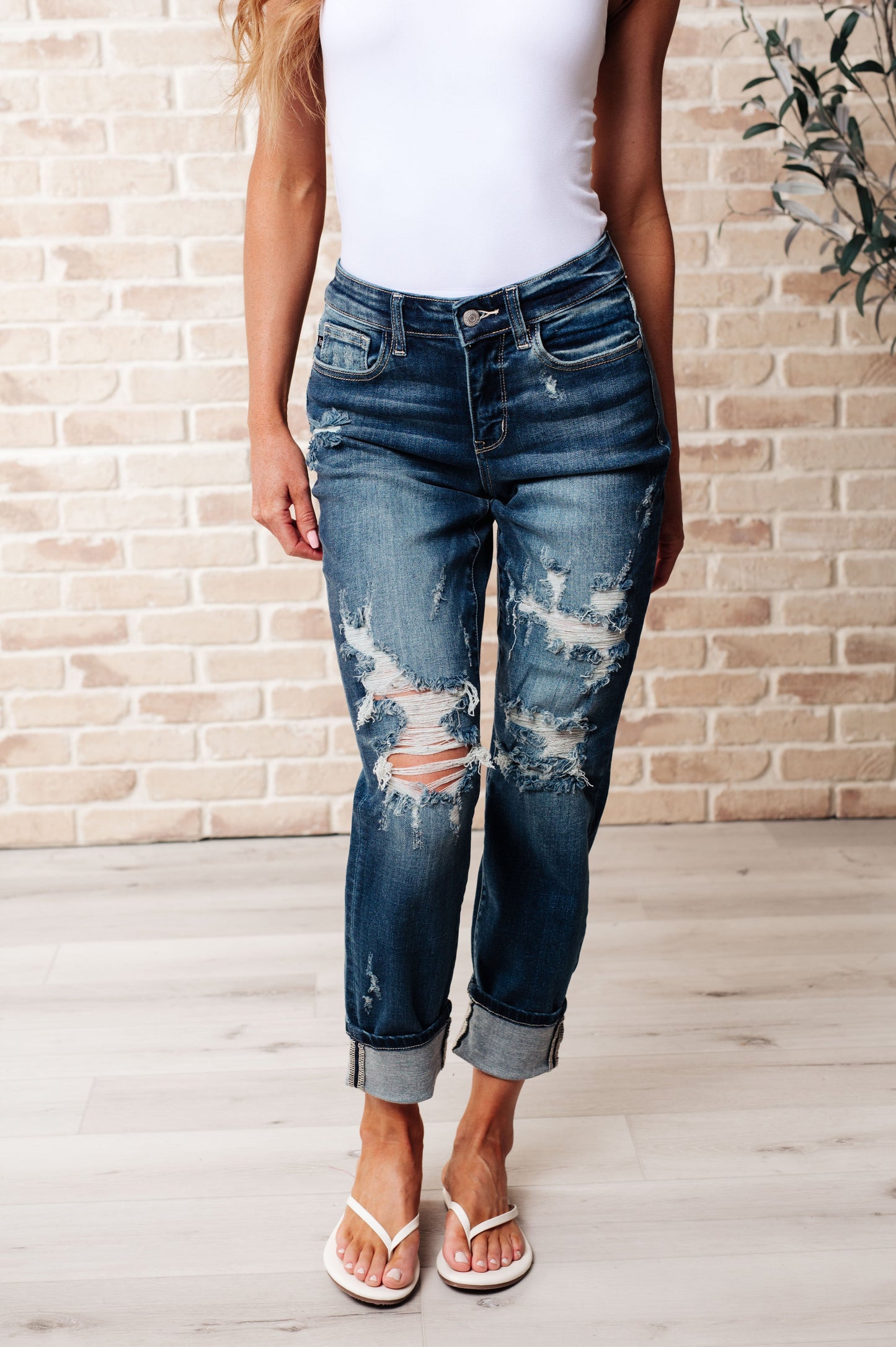 Danny Mid-Rise Cuffed Destroyed Boyfriend Jeans | Judy Blue