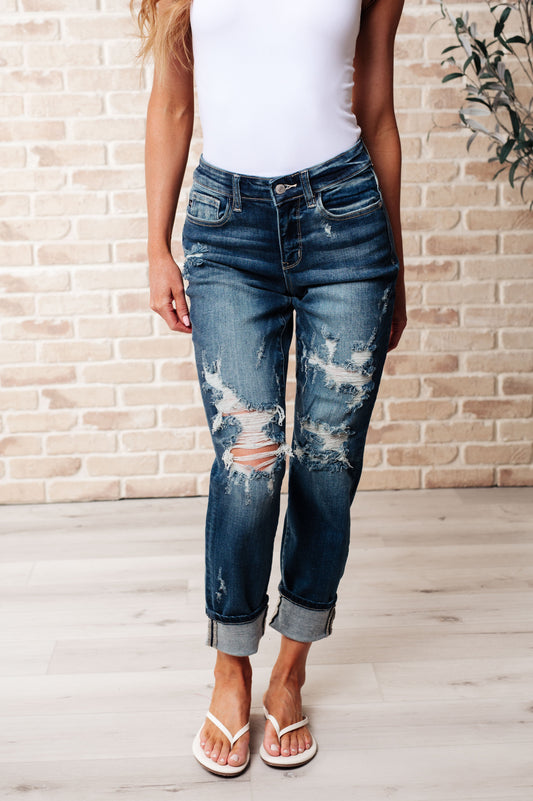 Danny Mid-Rise Cuffed Destroyed Boyfriend Jeans | Judy Blue