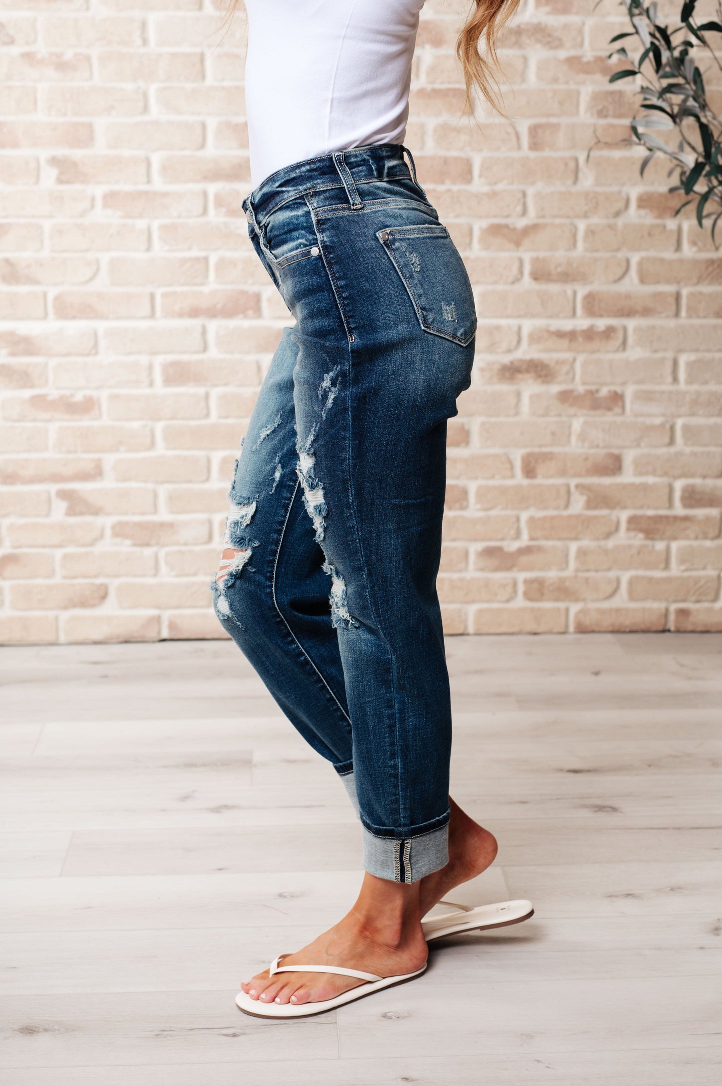 Danny Mid-Rise Cuffed Destroyed Boyfriend Jeans | Judy Blue