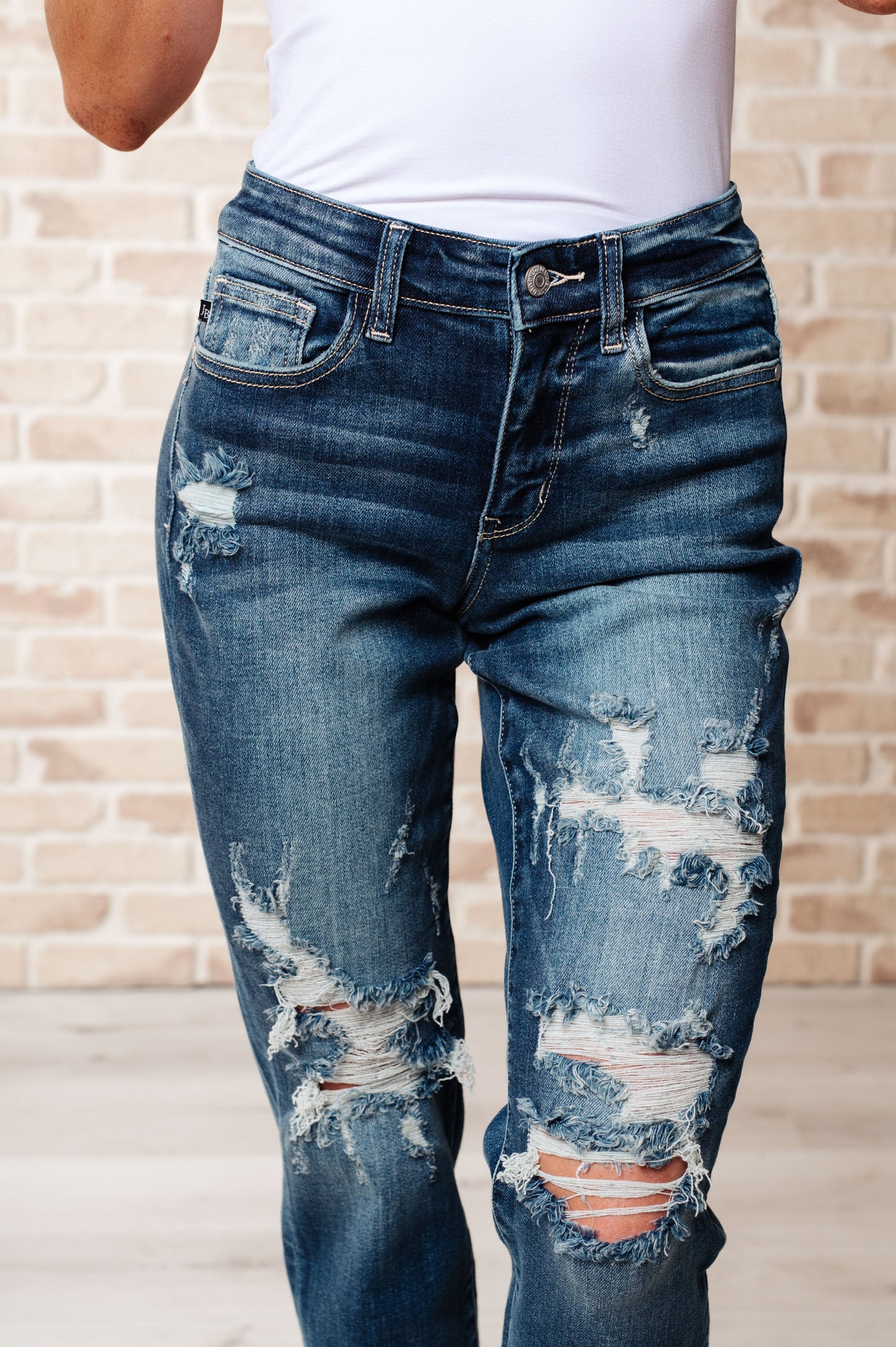 Danny Mid-Rise Cuffed Destroyed Boyfriend Jeans | Judy Blue