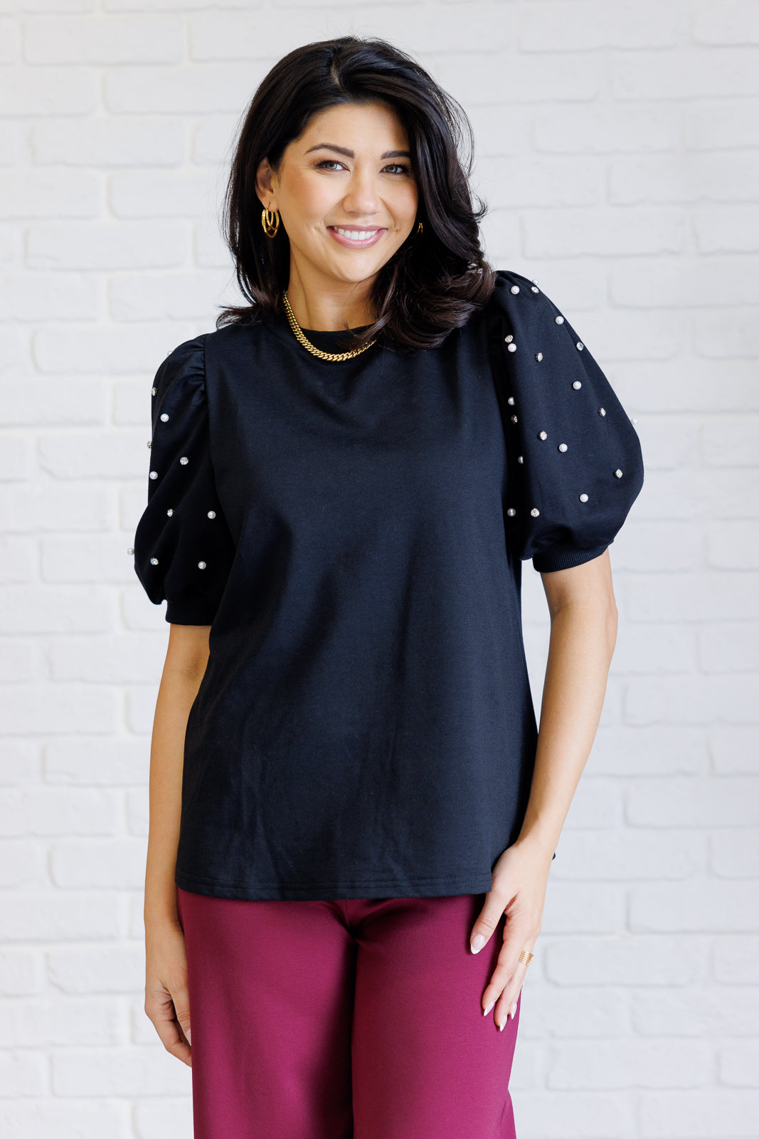 Diamonds & Pearls Puff Sleeve Top | Black