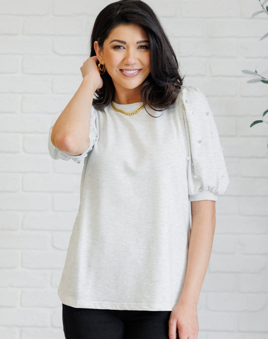 Diamonds & Pearls Puff Sleeve Top | Light Grey