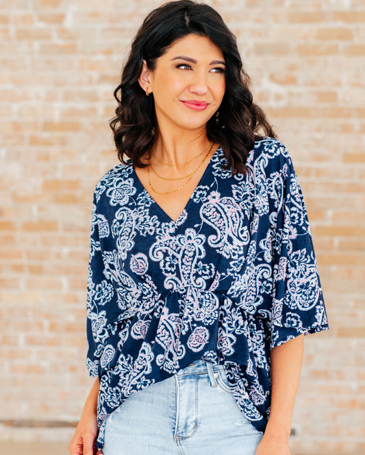 Dreamer Peplum Top | Navy & Pink Paisley