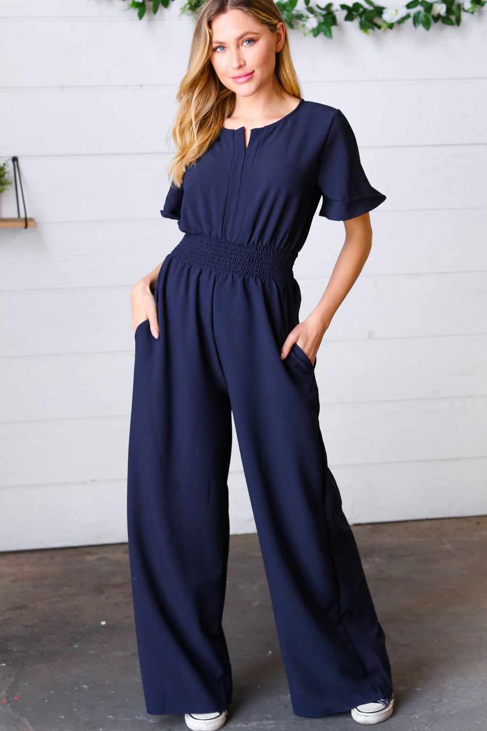 Layover Smocked Waist Crepe Jumpsuit