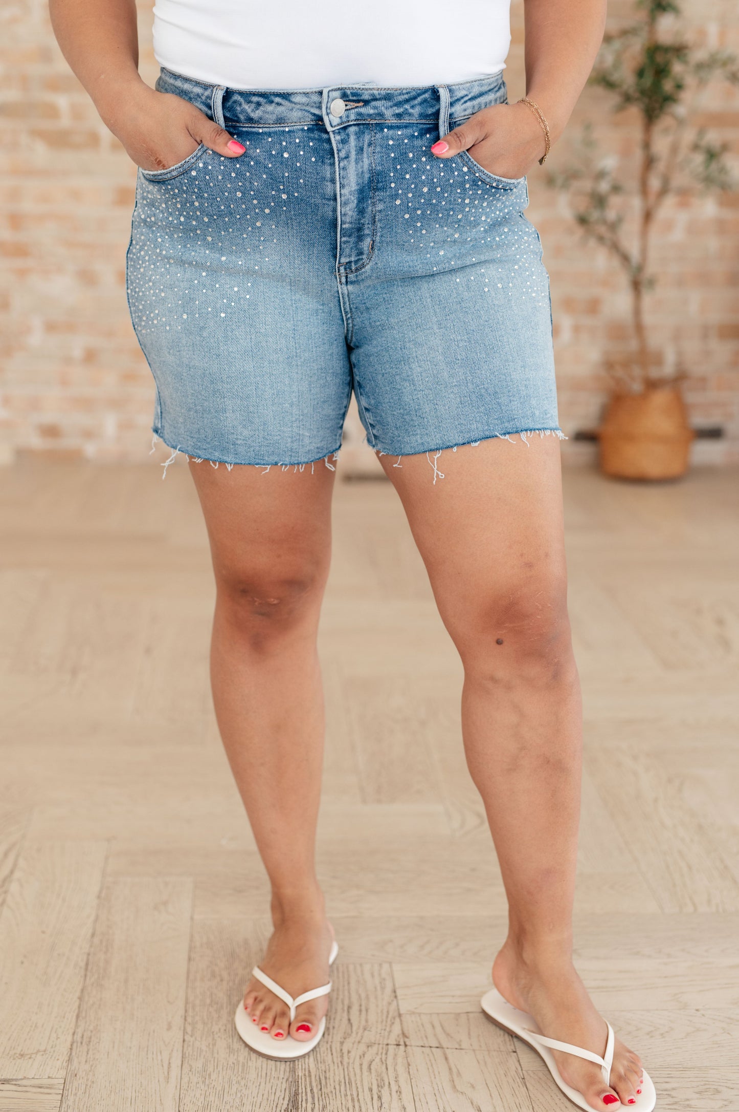 Elle High-Rise Rhinestone Cutoff Shorts | Judy Blue