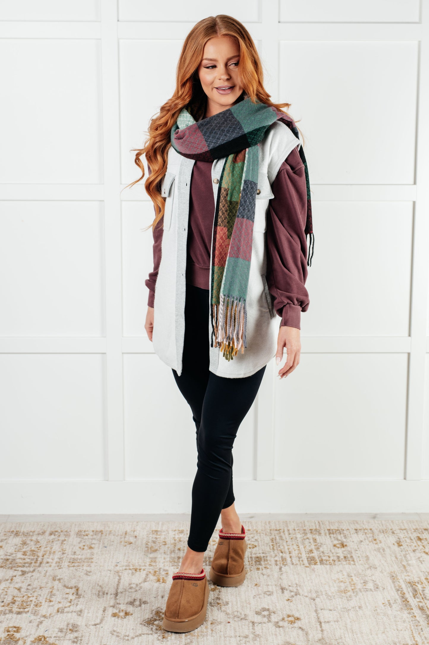 Keep Me Cozy Checkered Fringe Scarf | Berry