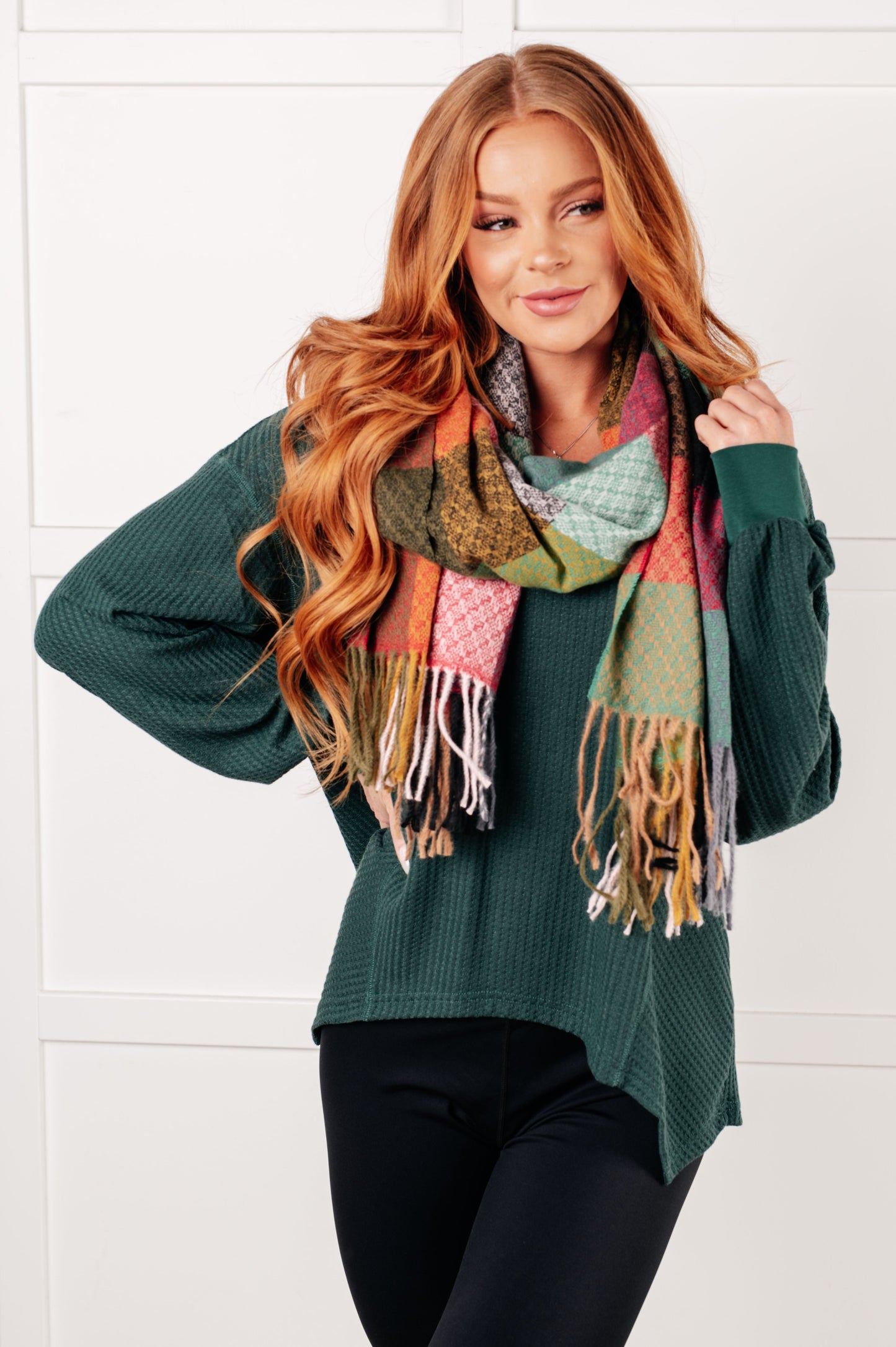 Keep Me Cozy Checkered Fringe Scarf | Berry