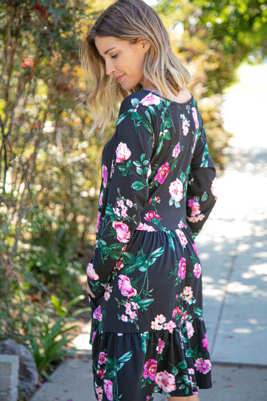 Midnight Floral Tiered Babydoll Dress