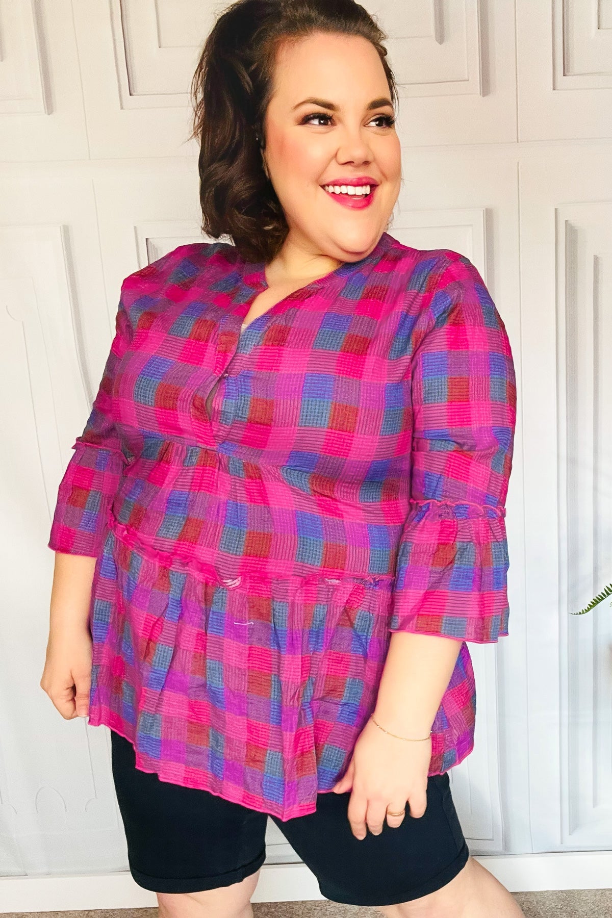 Back to the Basics Fuchsia Plaid Babydoll Top