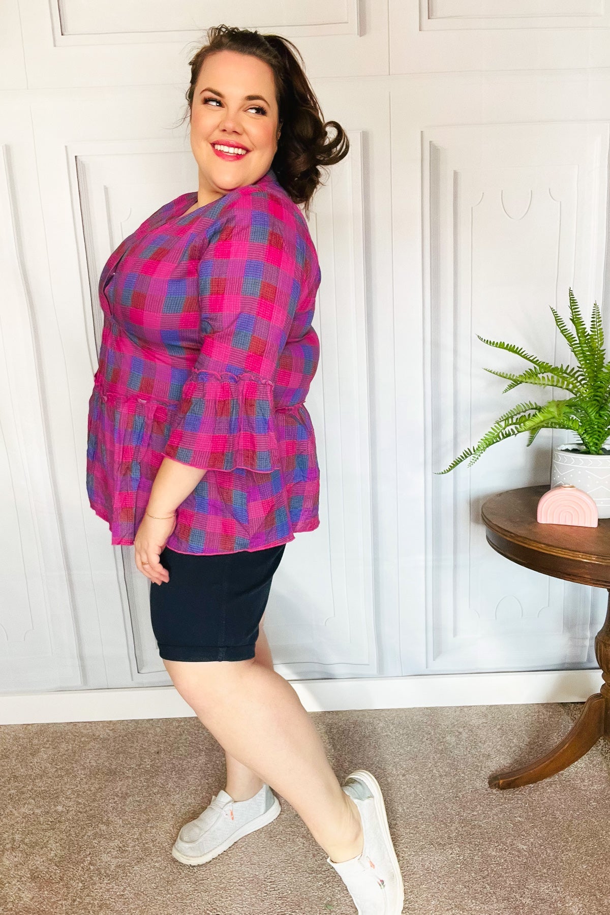 Back to the Basics Fuchsia Plaid Babydoll Top