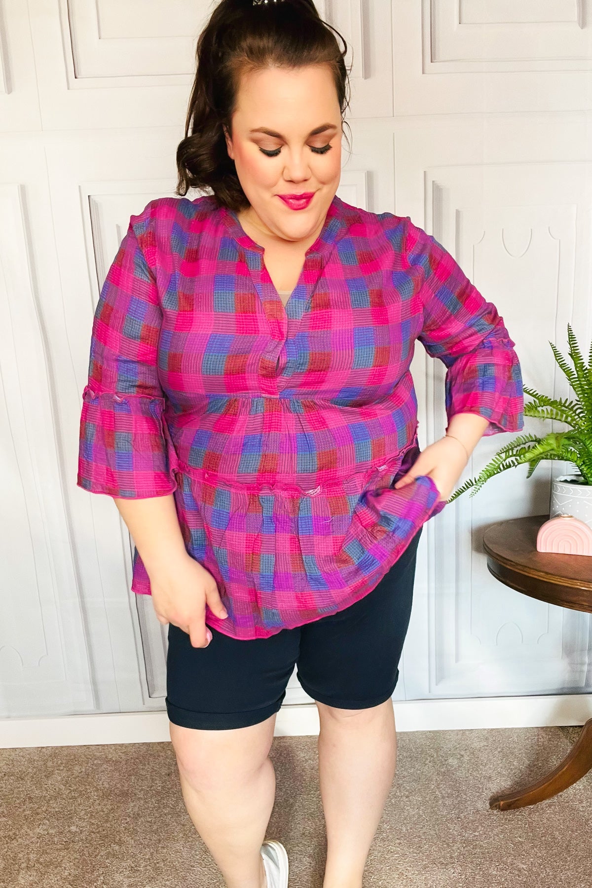 Back to the Basics Fuchsia Plaid Babydoll Top