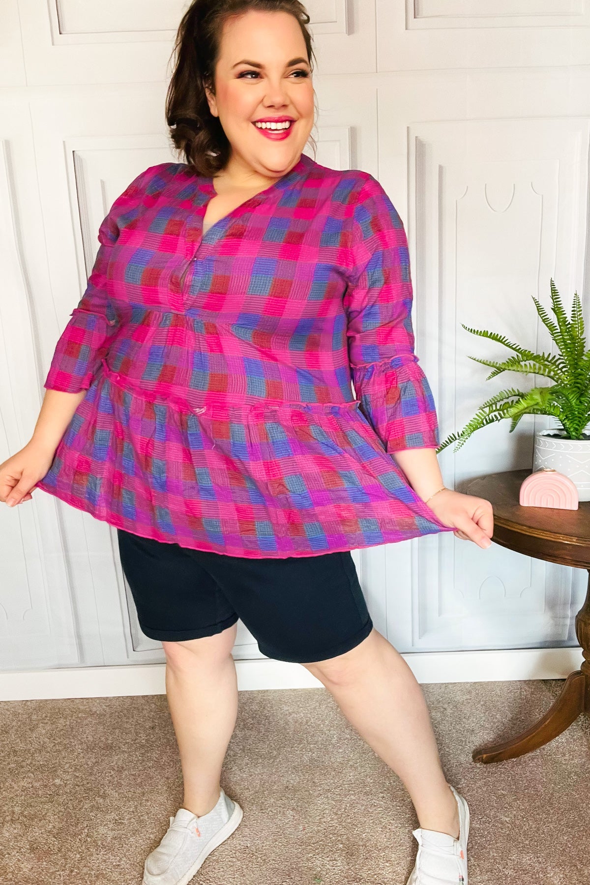 Back to the Basics Fuchsia Plaid Babydoll Top