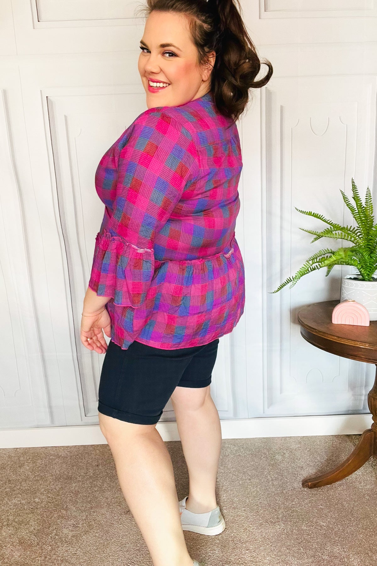 Back to the Basics Fuchsia Plaid Babydoll Top