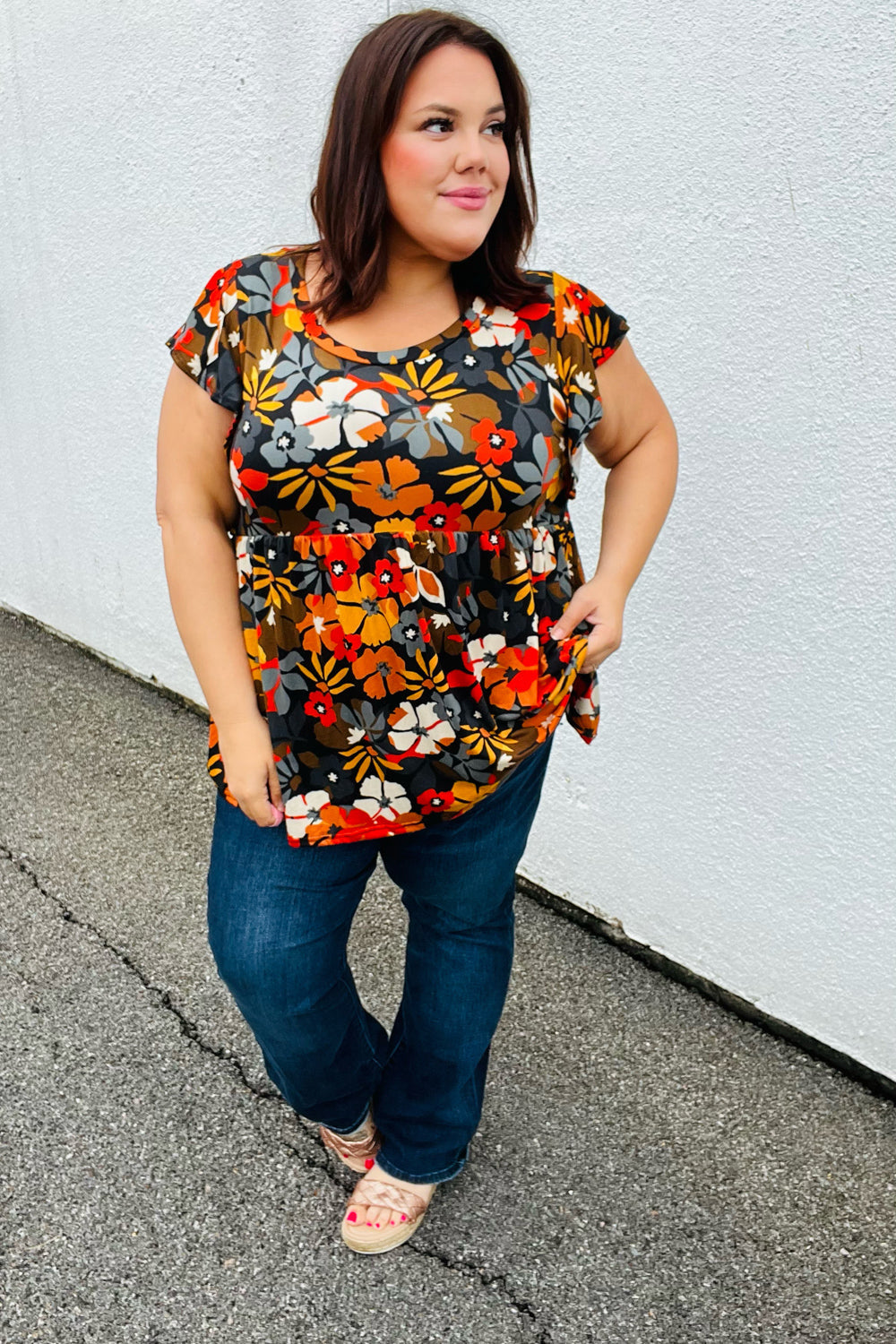 Burnt Orange Floral Ruffle Babydoll Top