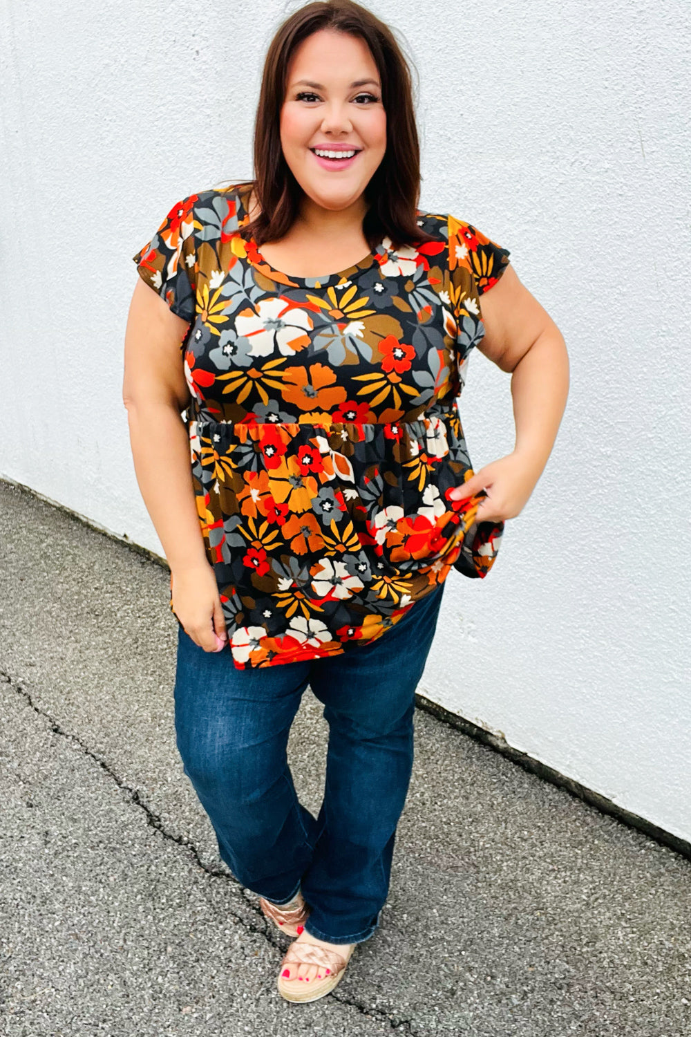 Burnt Orange Floral Ruffle Babydoll Top