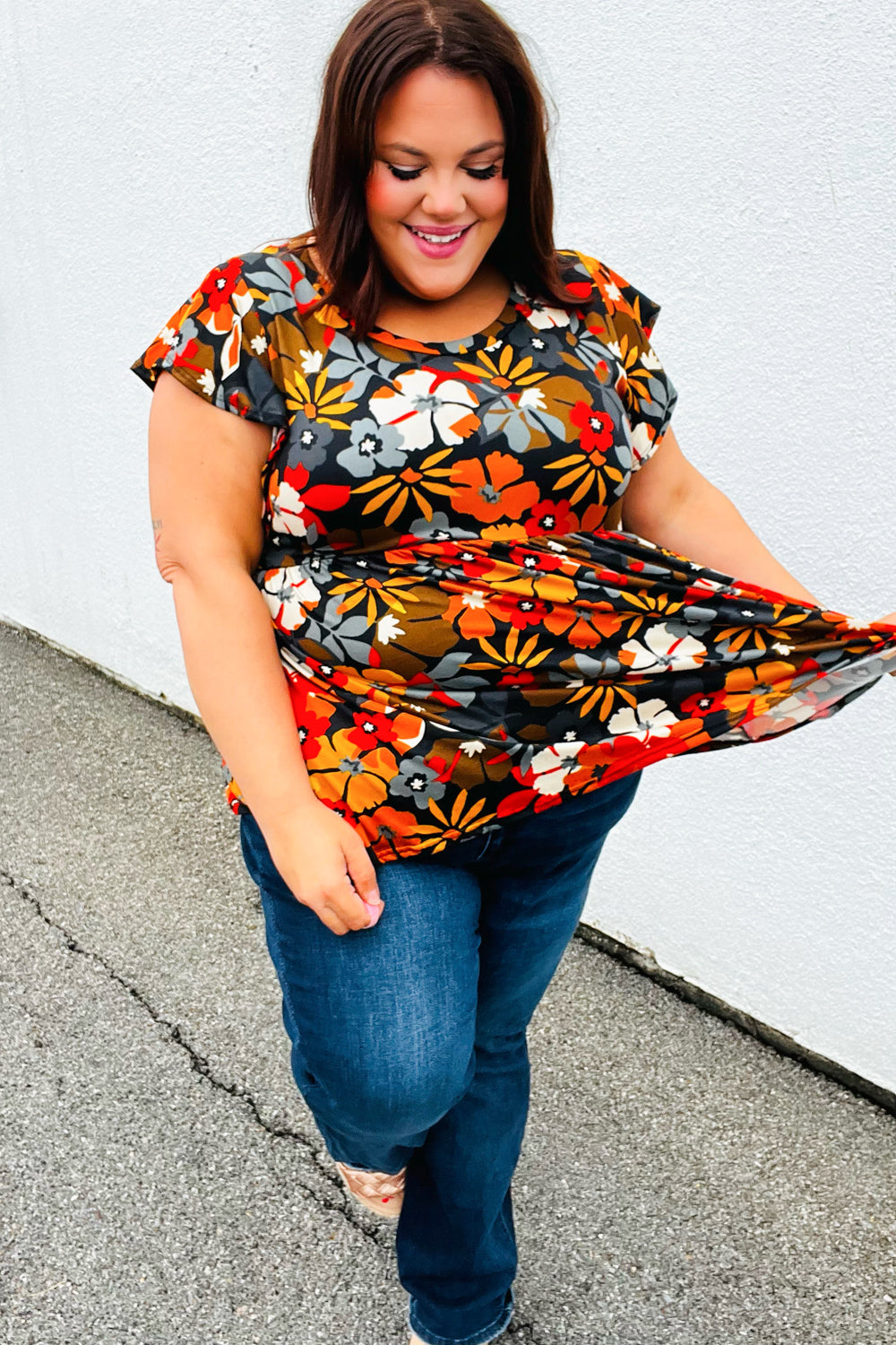 Burnt Orange Floral Ruffle Babydoll Top