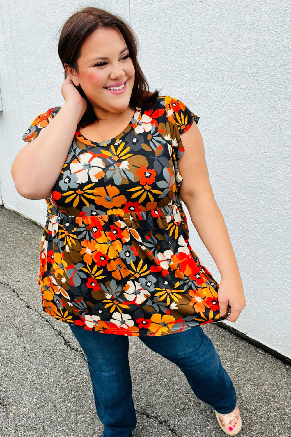 Burnt Orange Floral Ruffle Babydoll Top