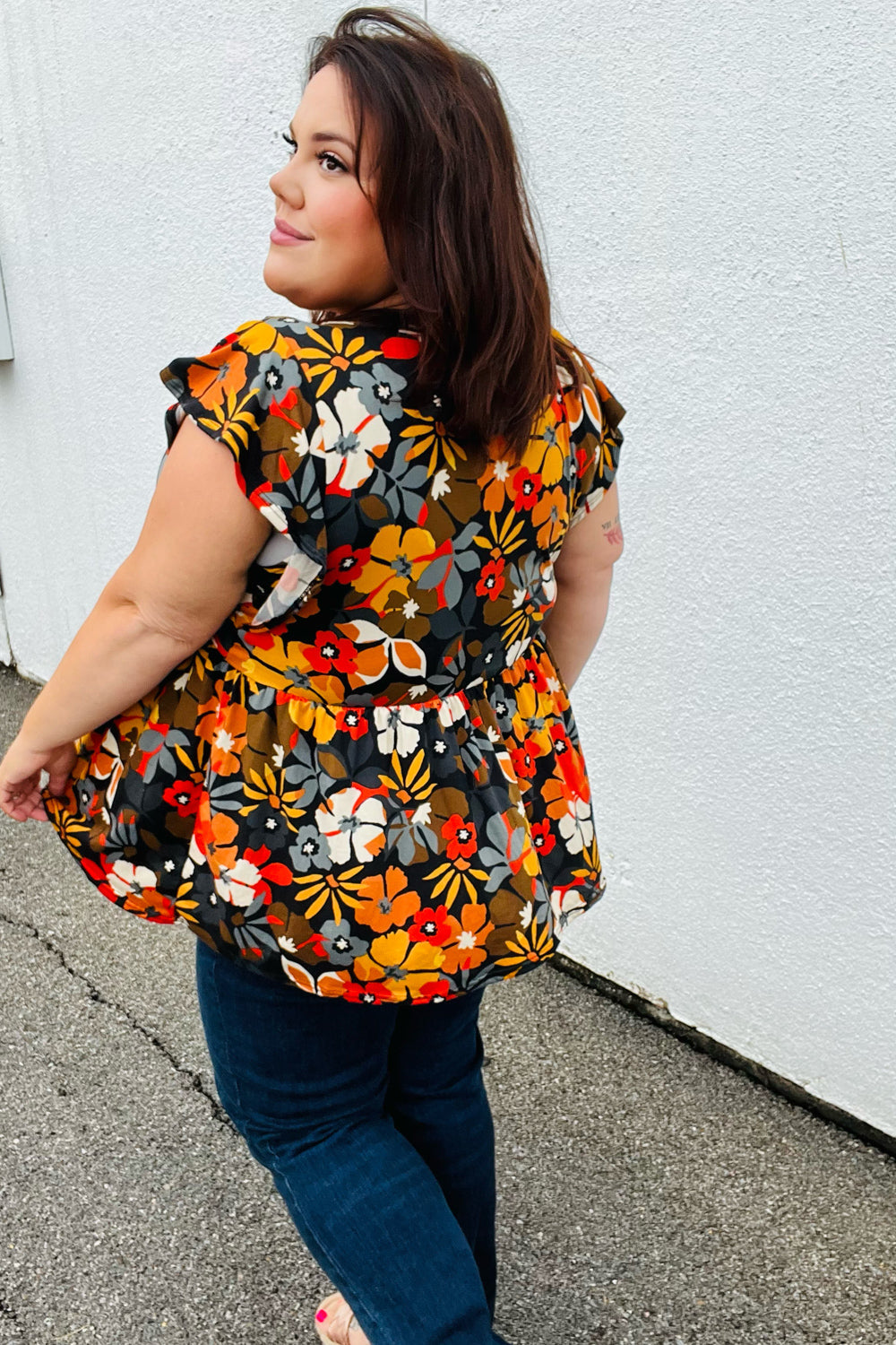 Burnt Orange Floral Ruffle Babydoll Top