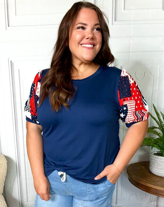 Holiday Stand-Out Patriotic Patchwork Puff Sleeve Top