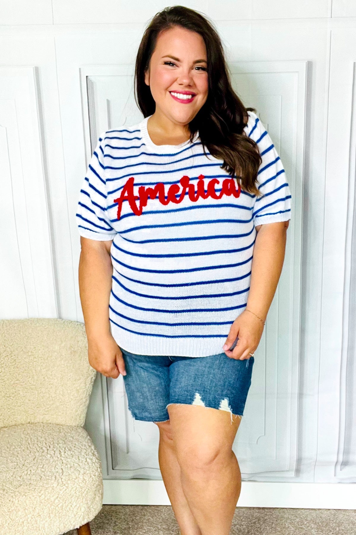 America Proud Striped Embroidered Puff Sleeve Top