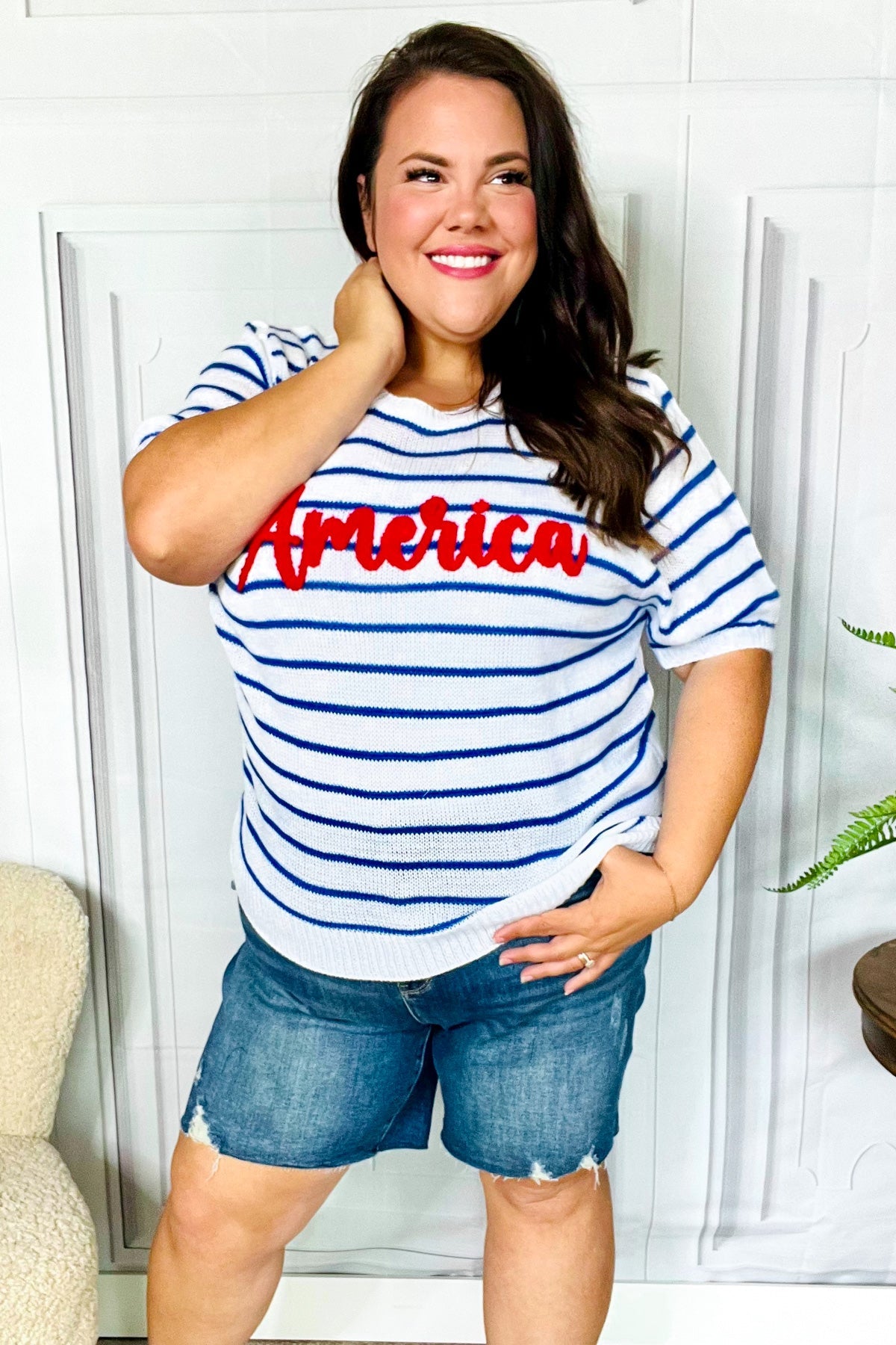 America Proud Striped Embroidered Puff Sleeve Top