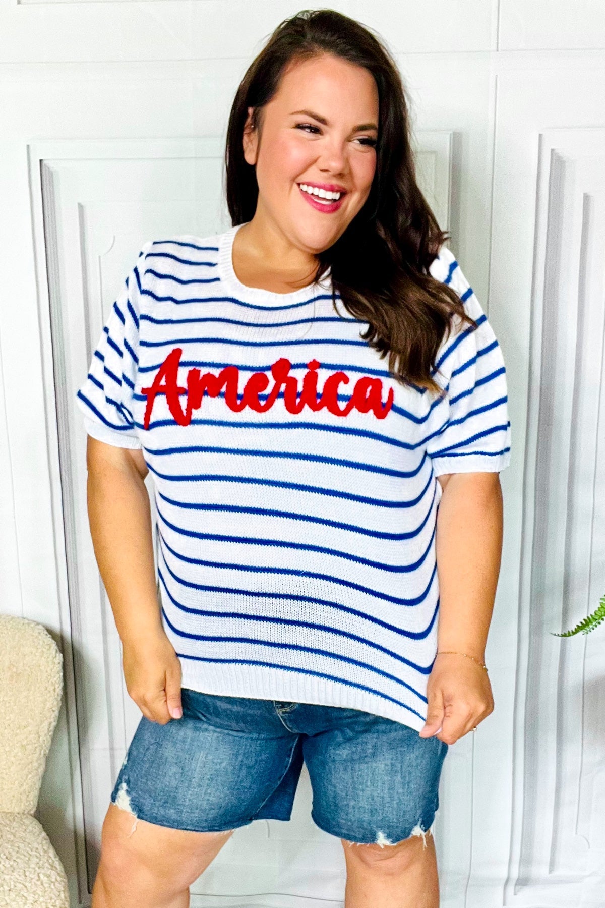 America Proud Striped Embroidered Puff Sleeve Top