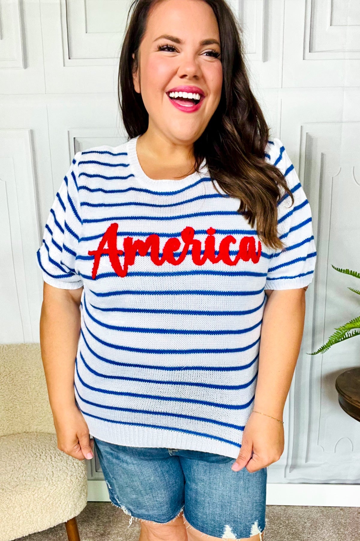 America Proud Striped Embroidered Puff Sleeve Top