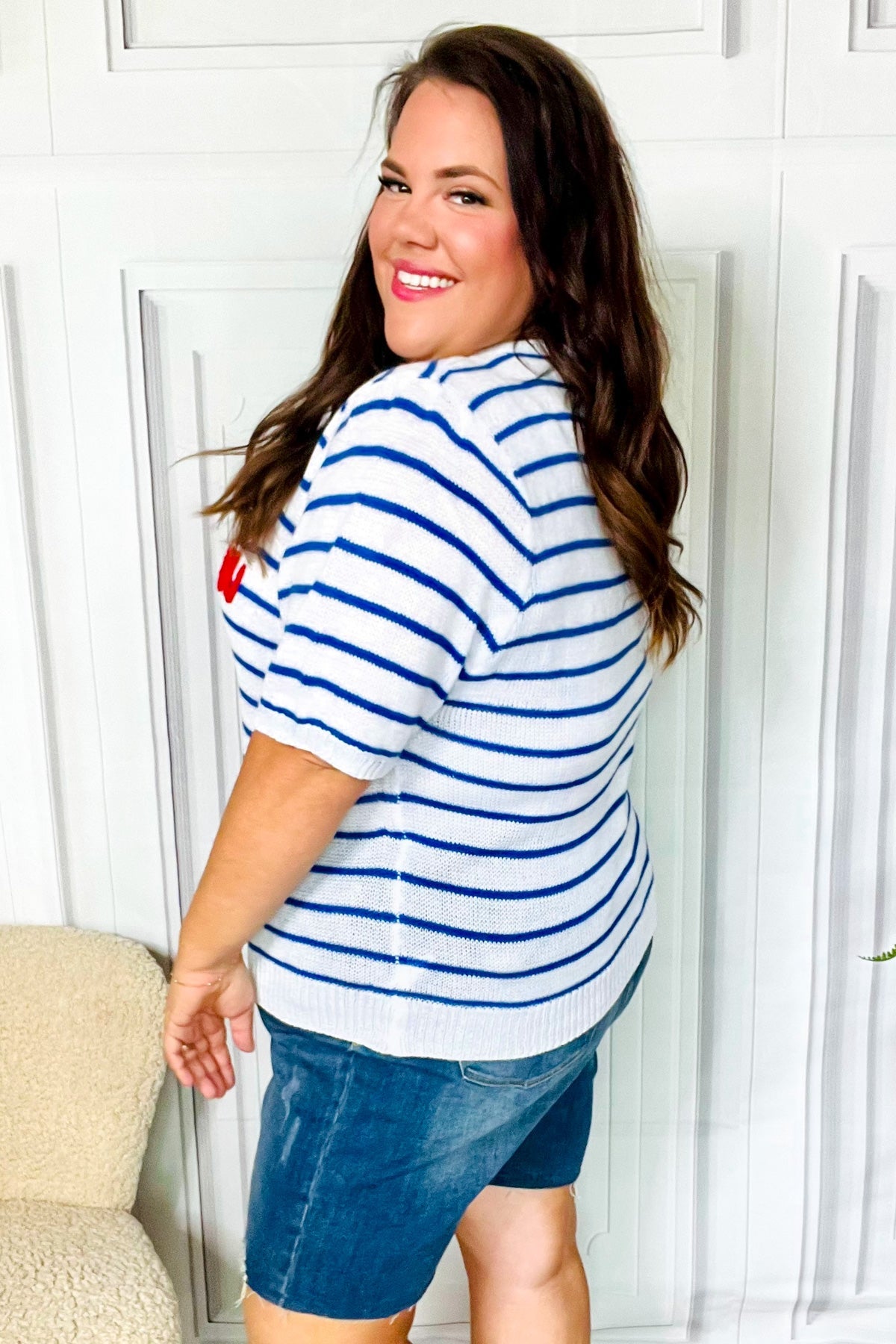 America Proud Striped Embroidered Puff Sleeve Top