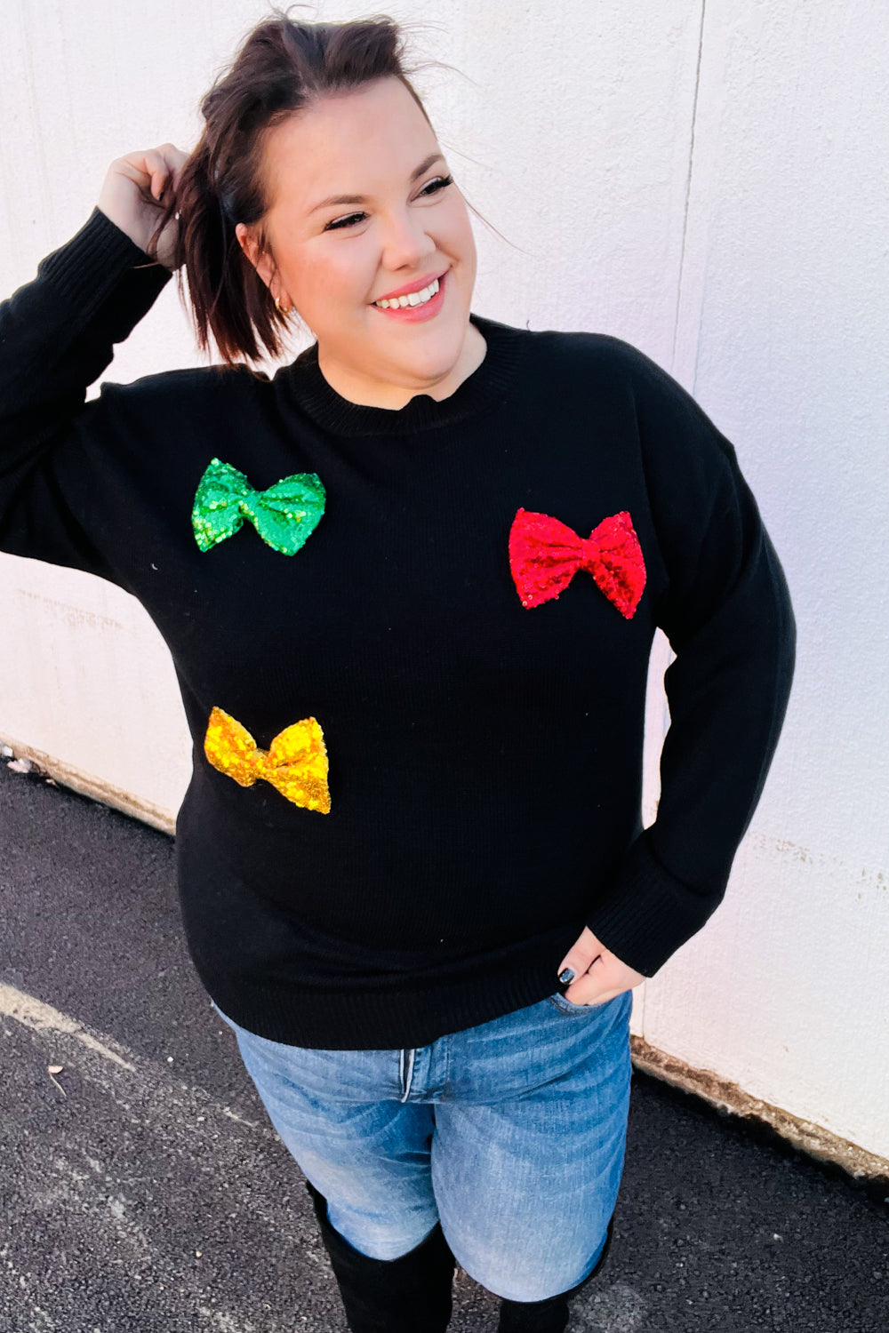 Be Merry Sequin Bow Knit Sweater