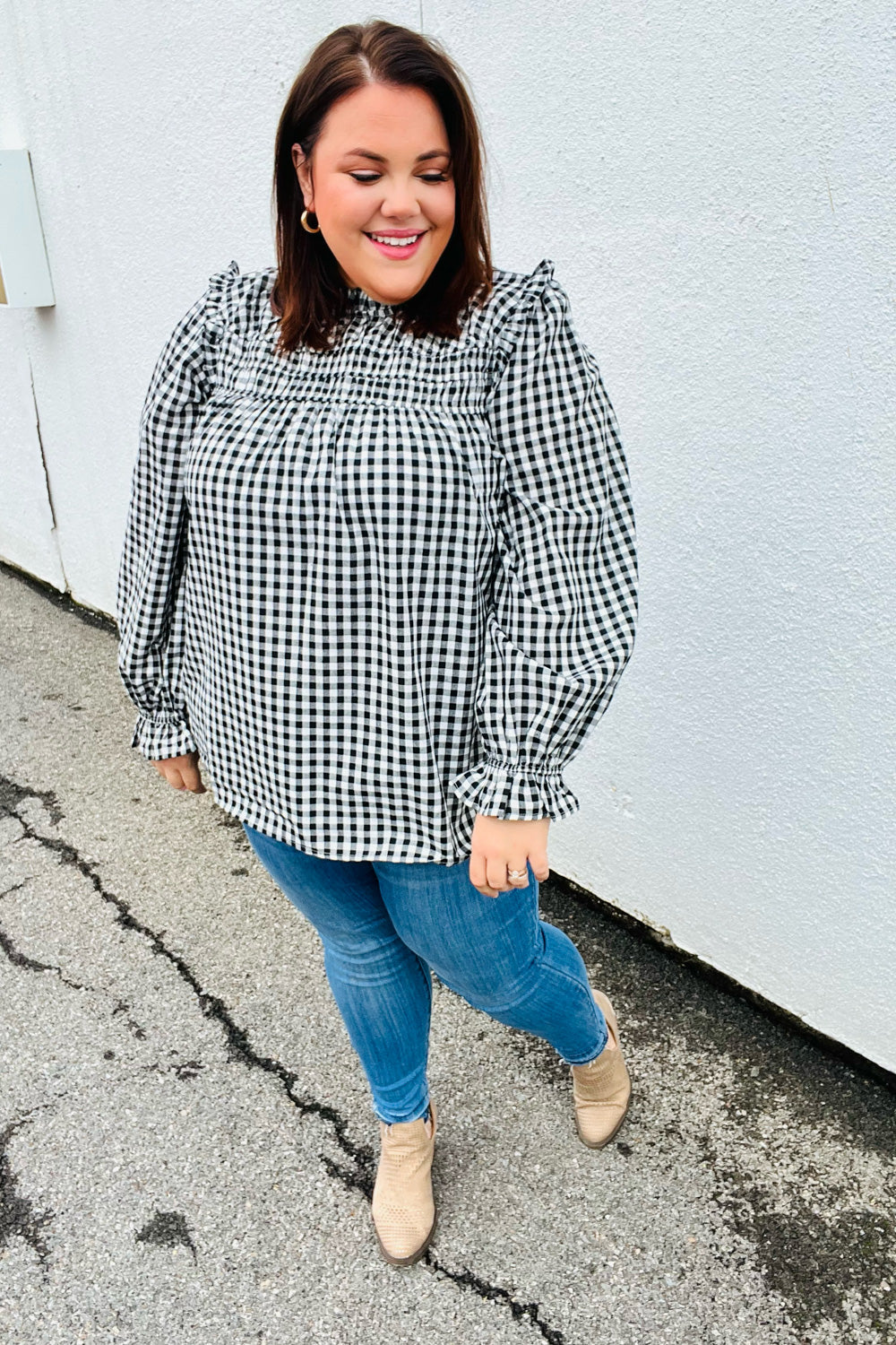 Gingham Shirred Frilled Top