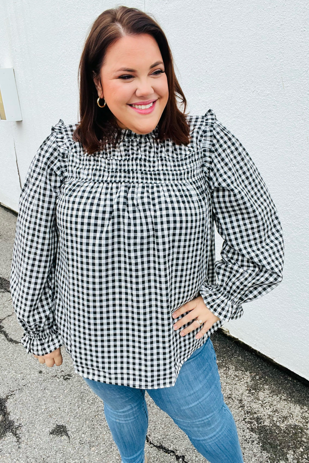 Gingham Shirred Frilled Top