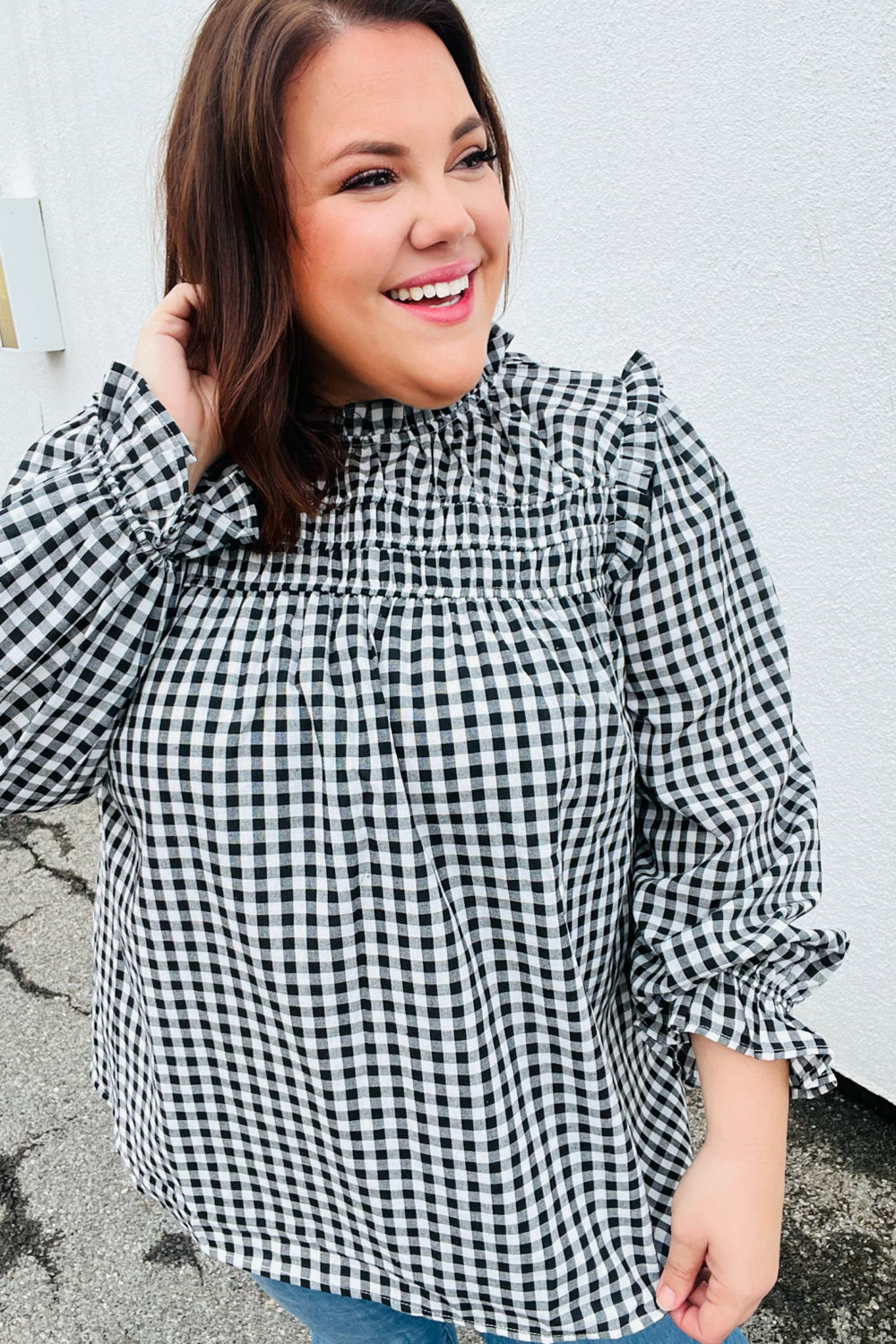 Gingham Shirred Frilled Top