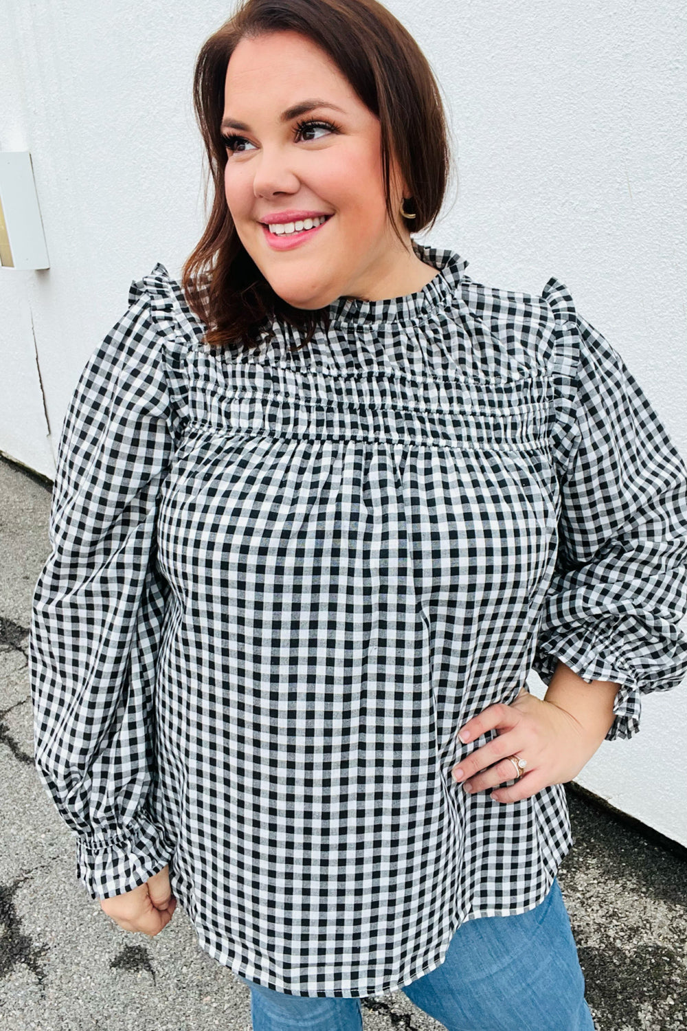 Gingham Shirred Frilled Top