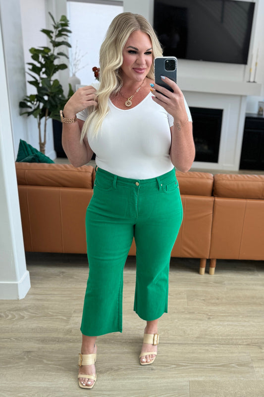 Lisa High-Rise Control Top Wide Leg Crop Jeans | Kelly Green | Judy Blue