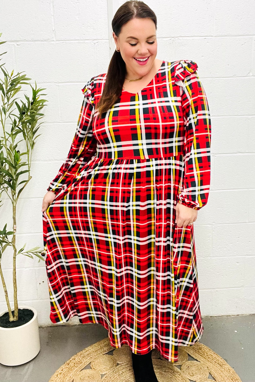 Adorable In Red Plaid Midi Dress