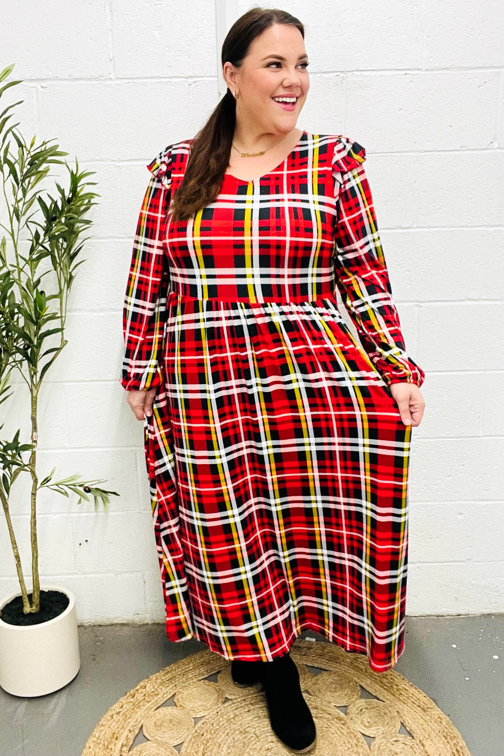 Adorable In Red Plaid Midi Dress