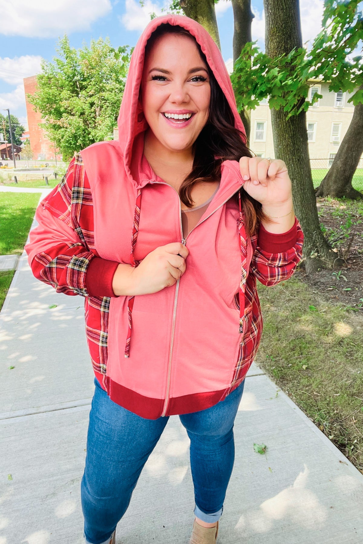 Adorable in Marsala Plaid French Terry Hoodie