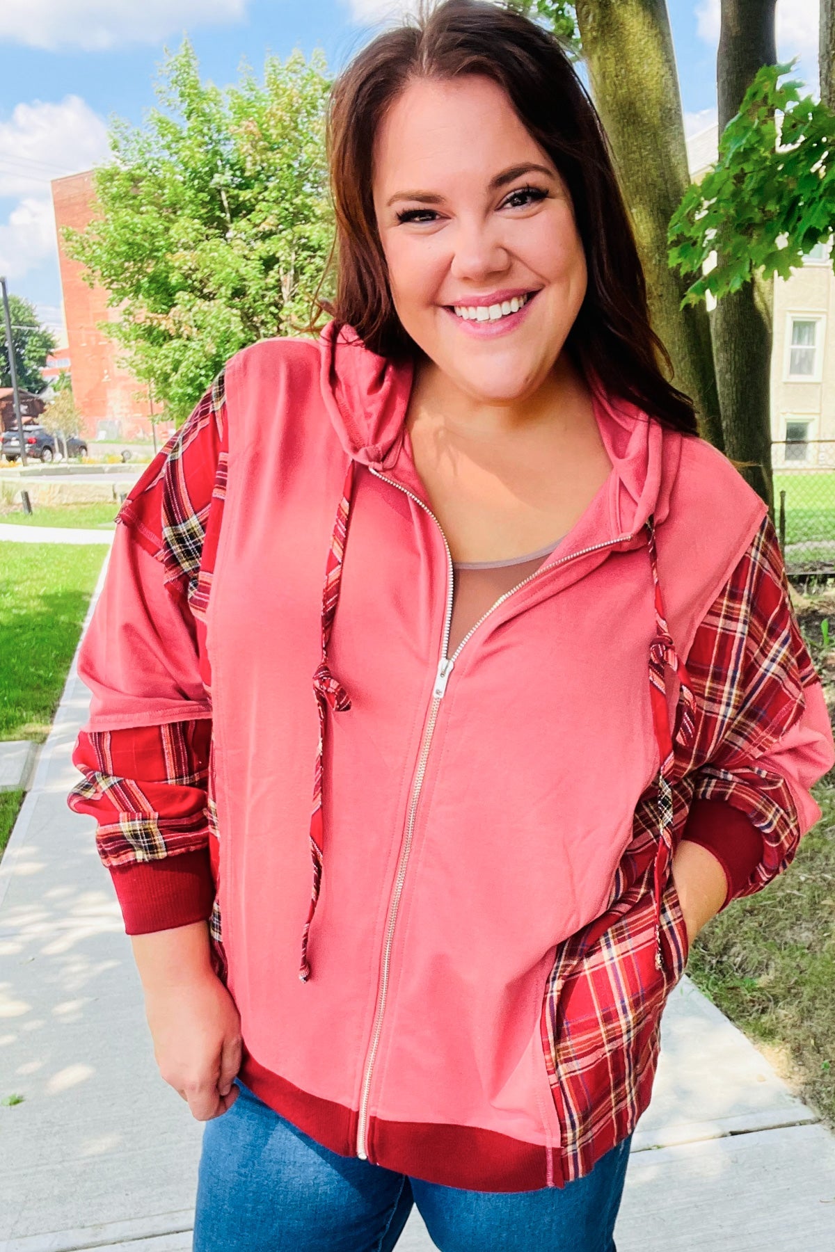 Adorable in Marsala Plaid French Terry Hoodie