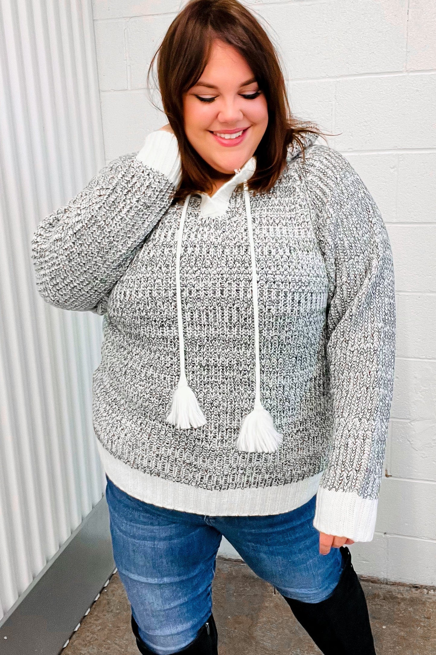 Happy Charcoal Knit Tassel Sweater Hoodie