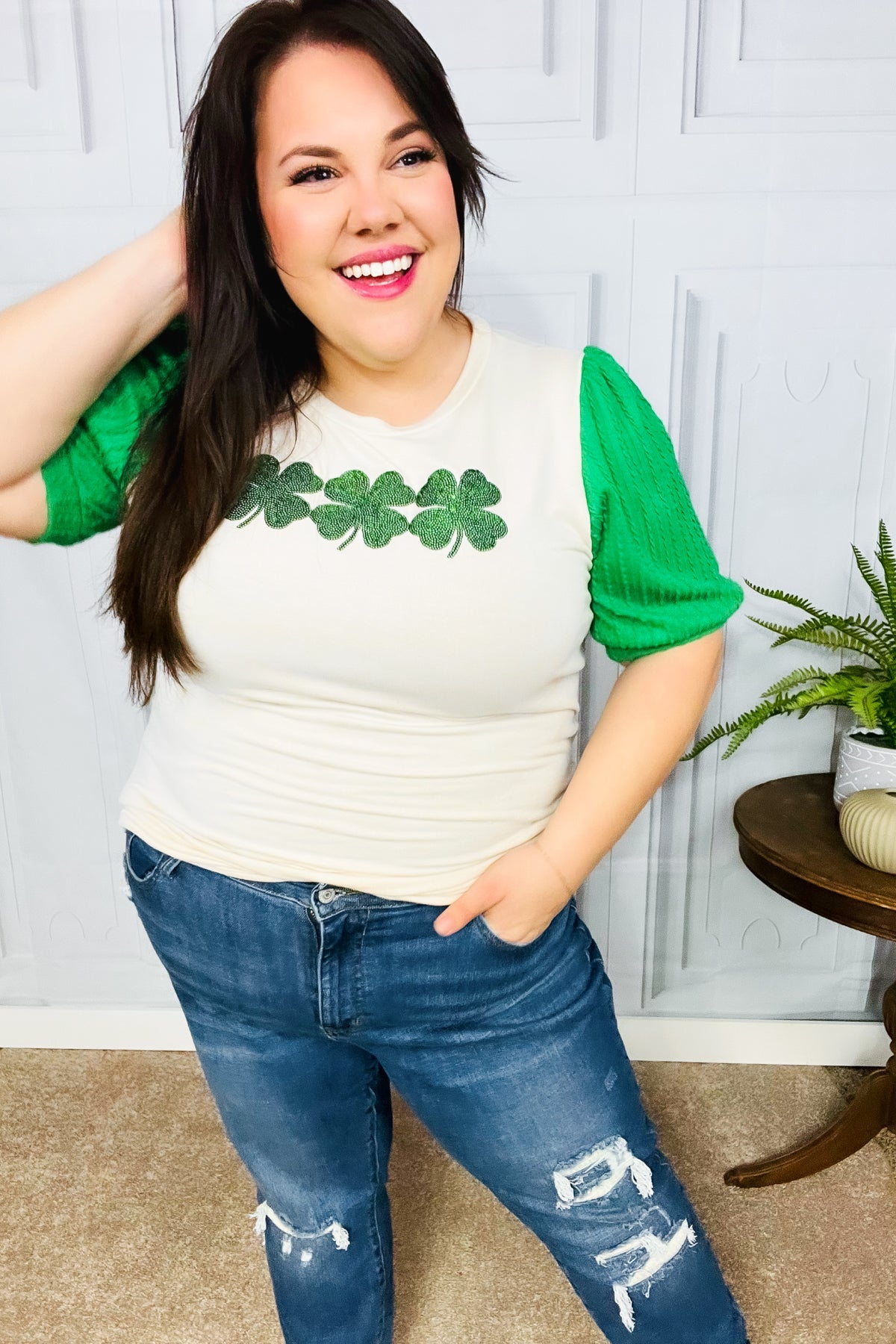 Lucky Sequin Clover Puff Sleeve Top