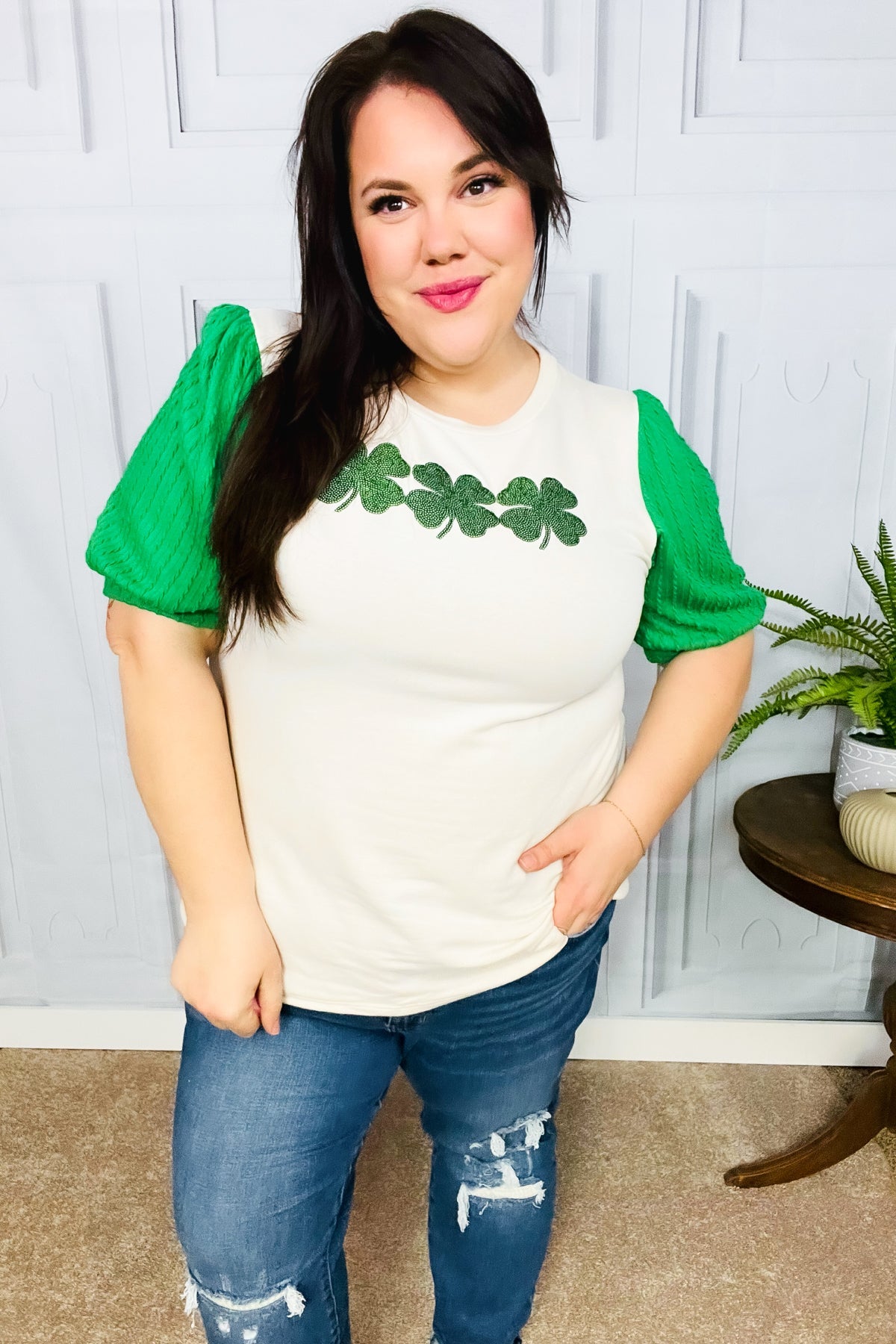 Lucky Sequin Clover Puff Sleeve Top