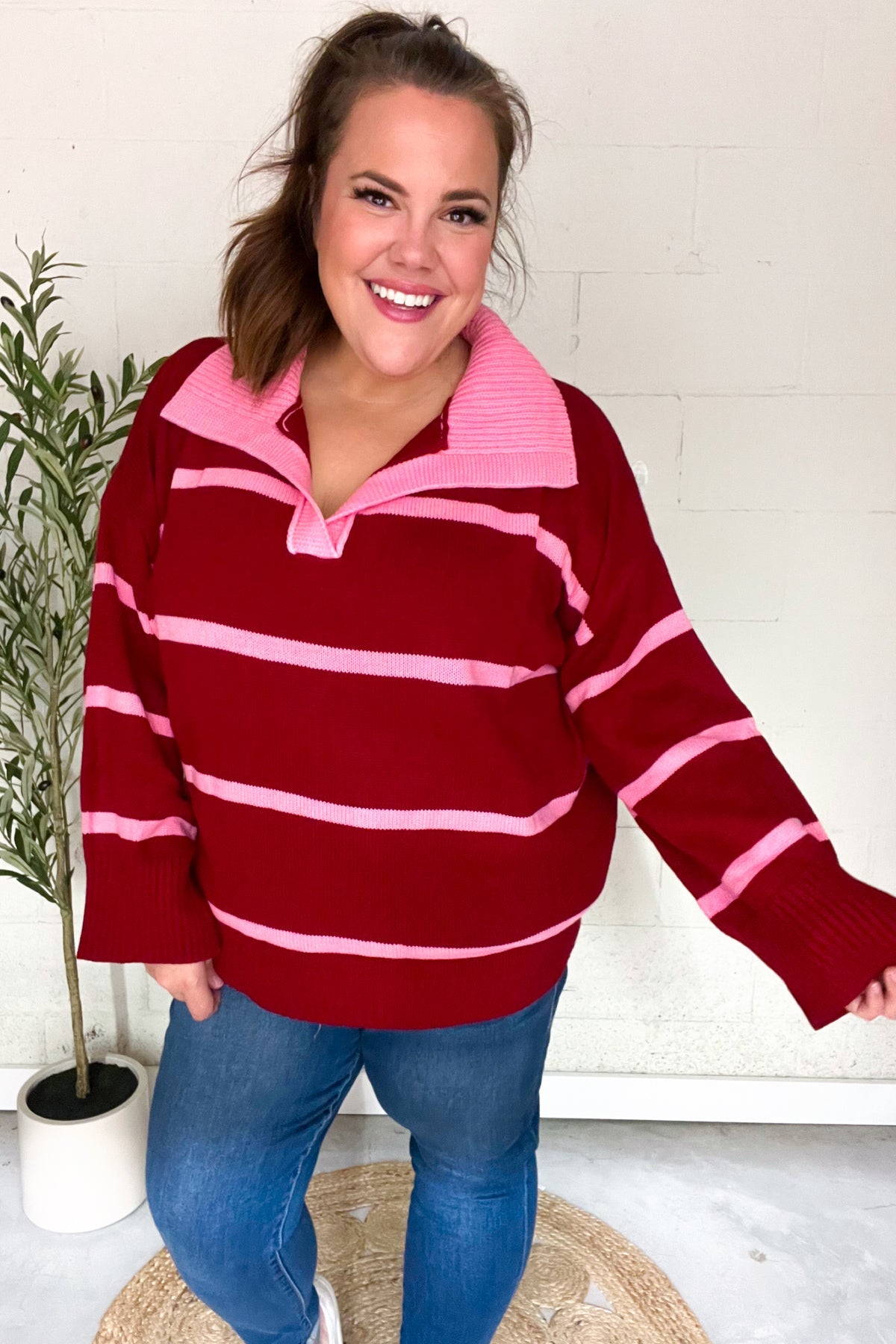 Fall For You Crimson Striped Oversized Sweater