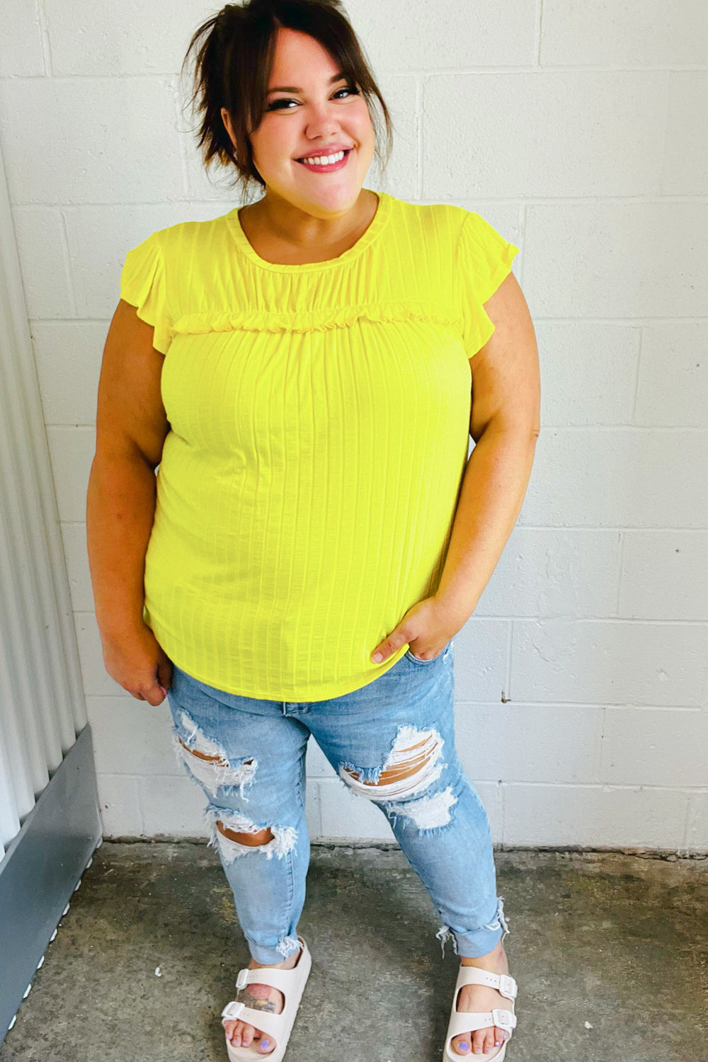 Lemon Frilled Yoke Top