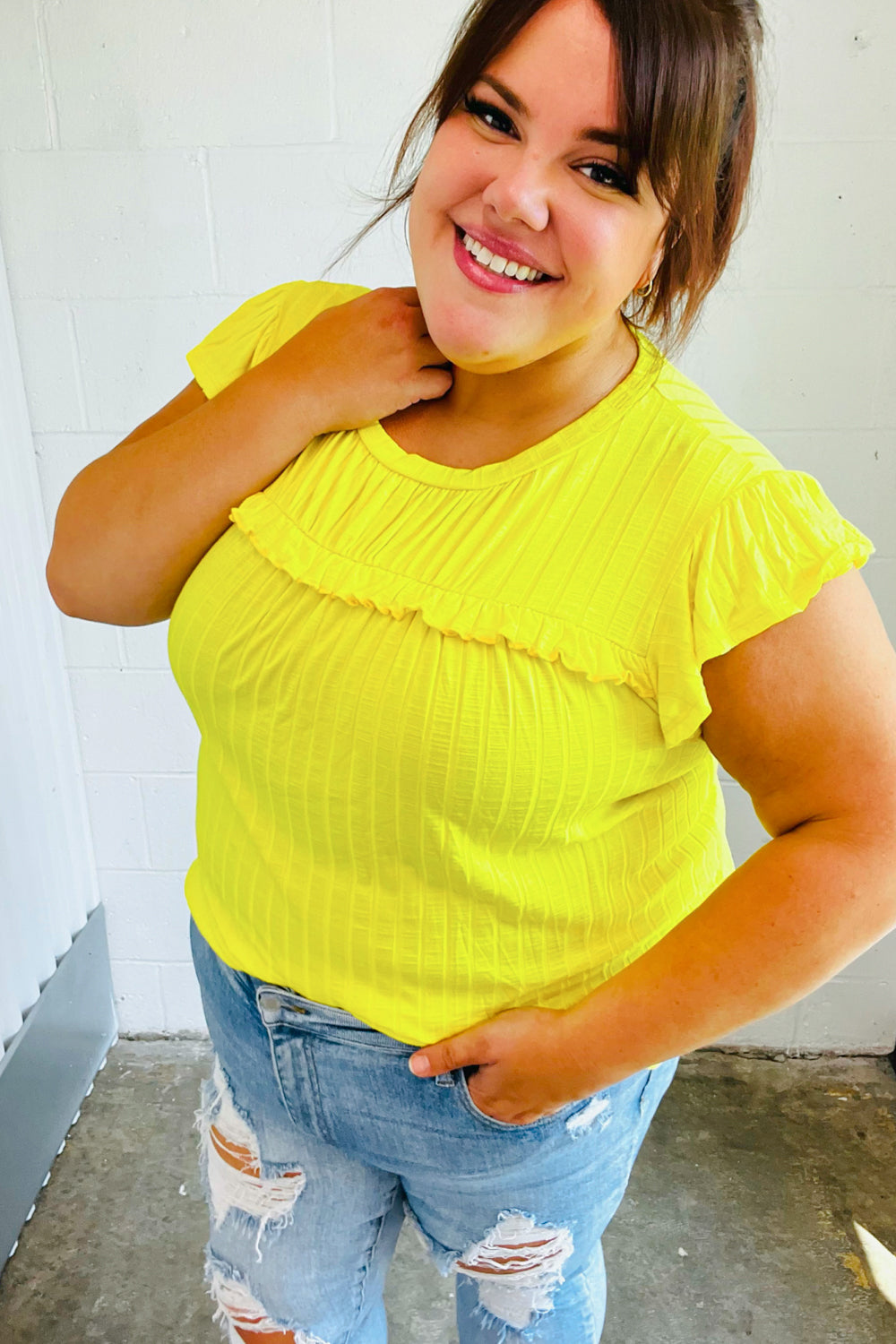 Lemon Frilled Yoke Top