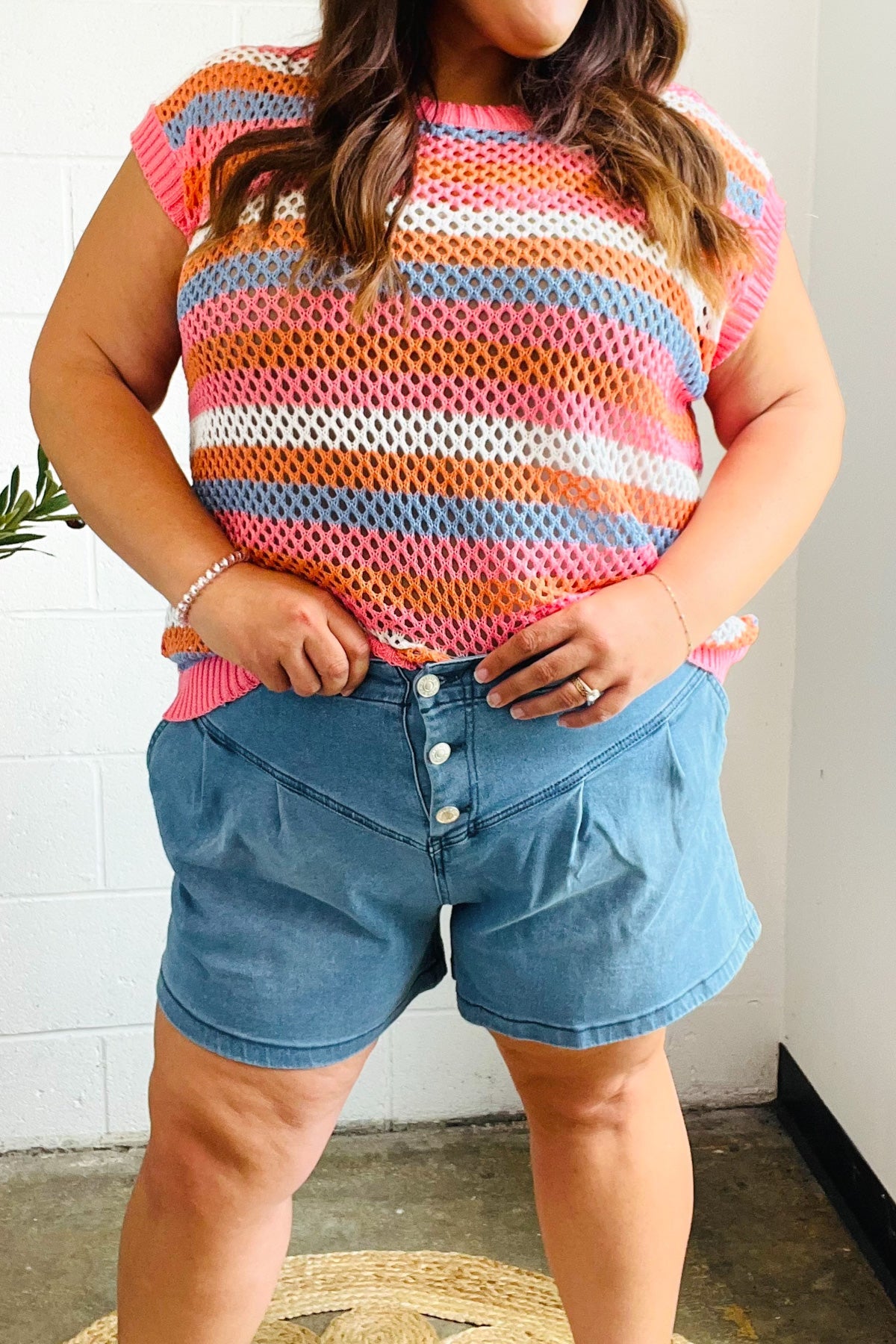 Faded Blue High-Rise Pleated Denim Shorts