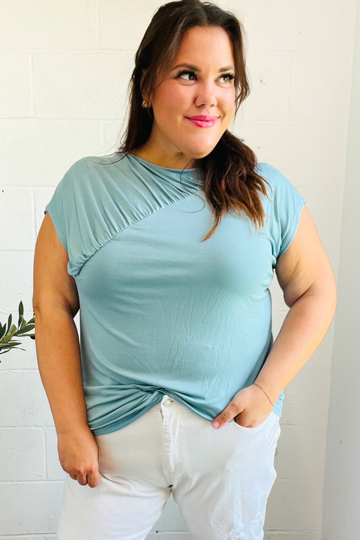 Charming in Aqua Shirred Modal Top