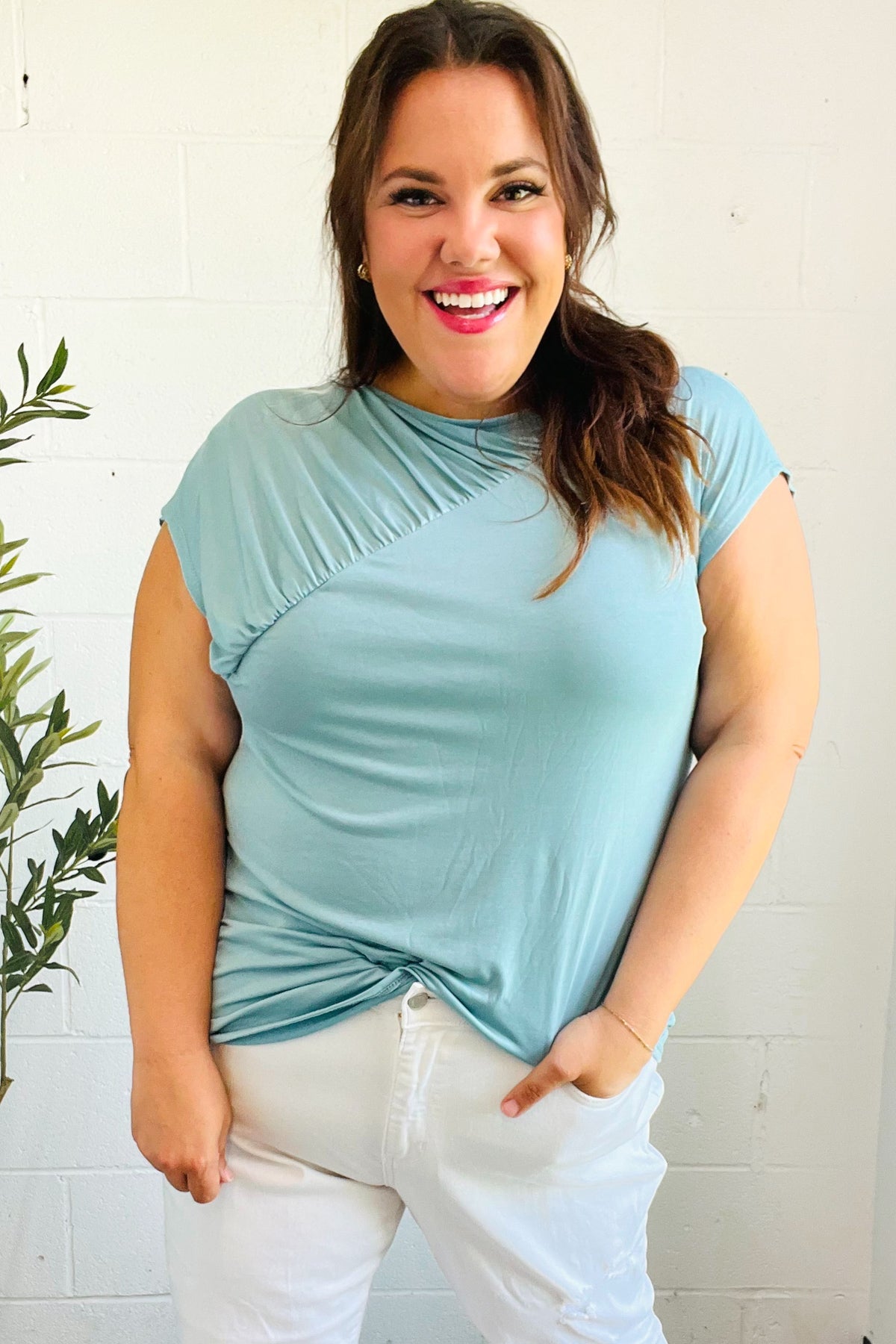 Charming in Aqua Shirred Modal Top