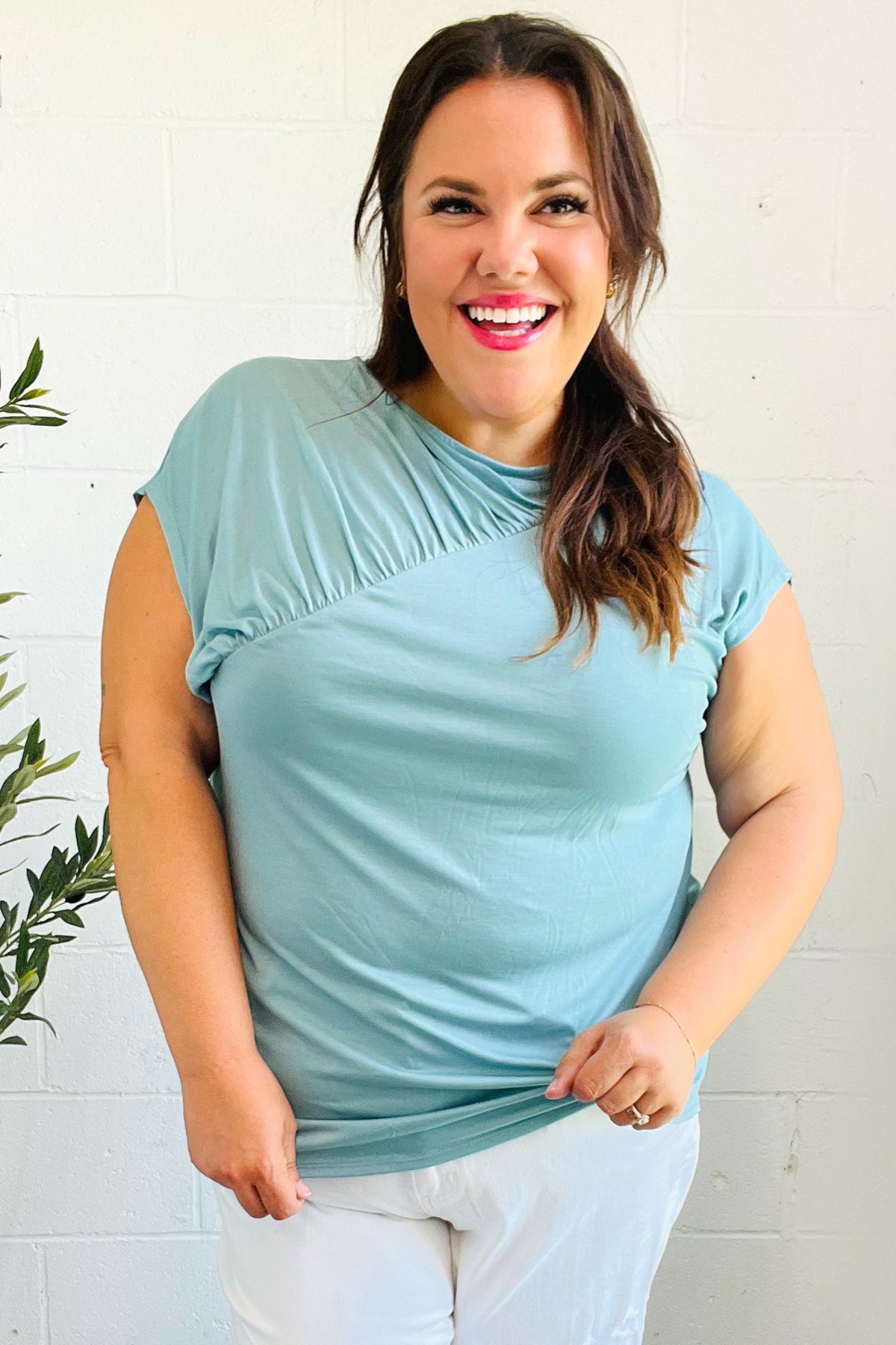 Charming in Aqua Shirred Modal Top