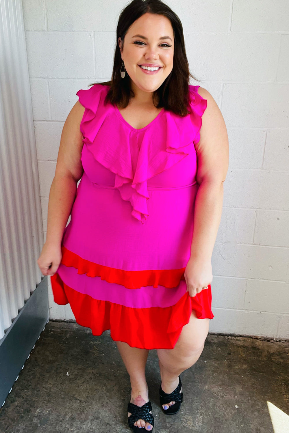 Fuchsia Ruffle Crepe Midi Dress