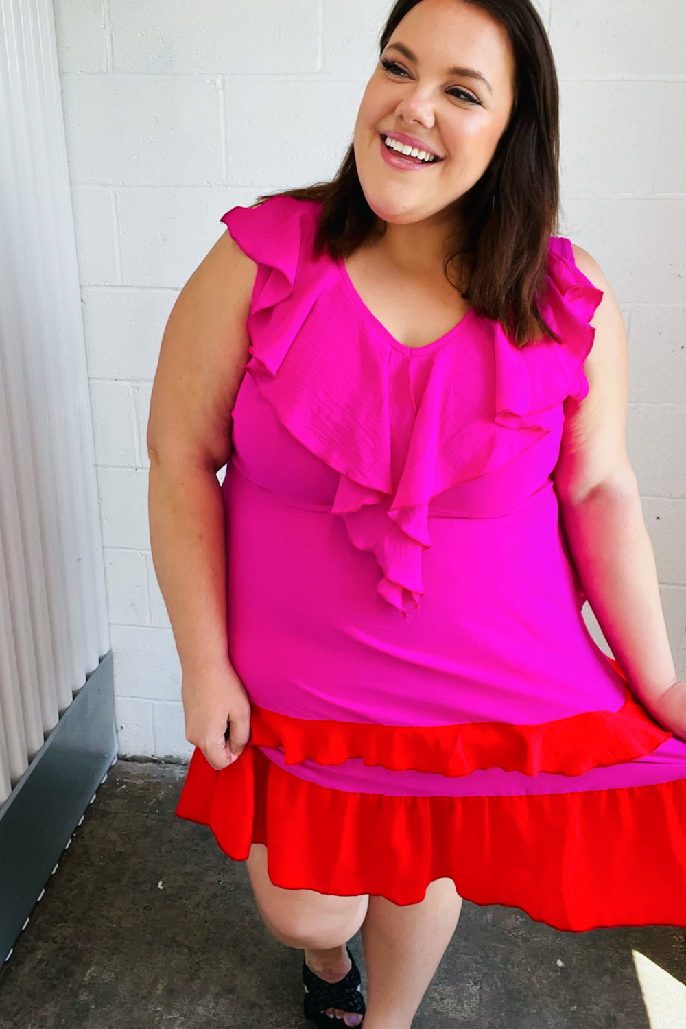 Fuchsia Ruffle Crepe Midi Dress